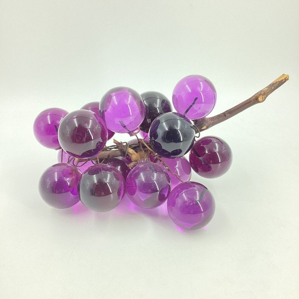 Vintage Deep Purple Lucite Grapes Cluster Wood Stem 19 Pc Wired MCM 1960s-1970s